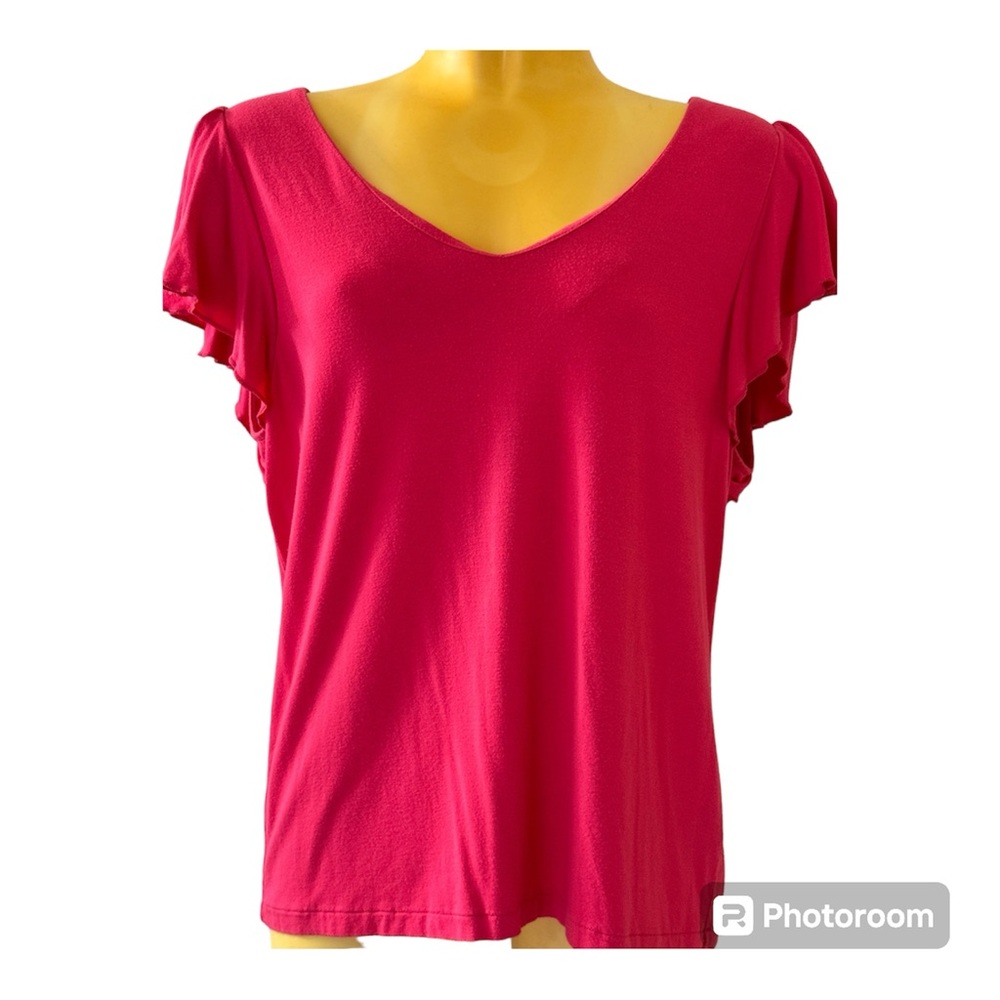Chaps Flutter Sleeve V Neck Dark Pink Top Size Medium EUC Barbiecore Summer